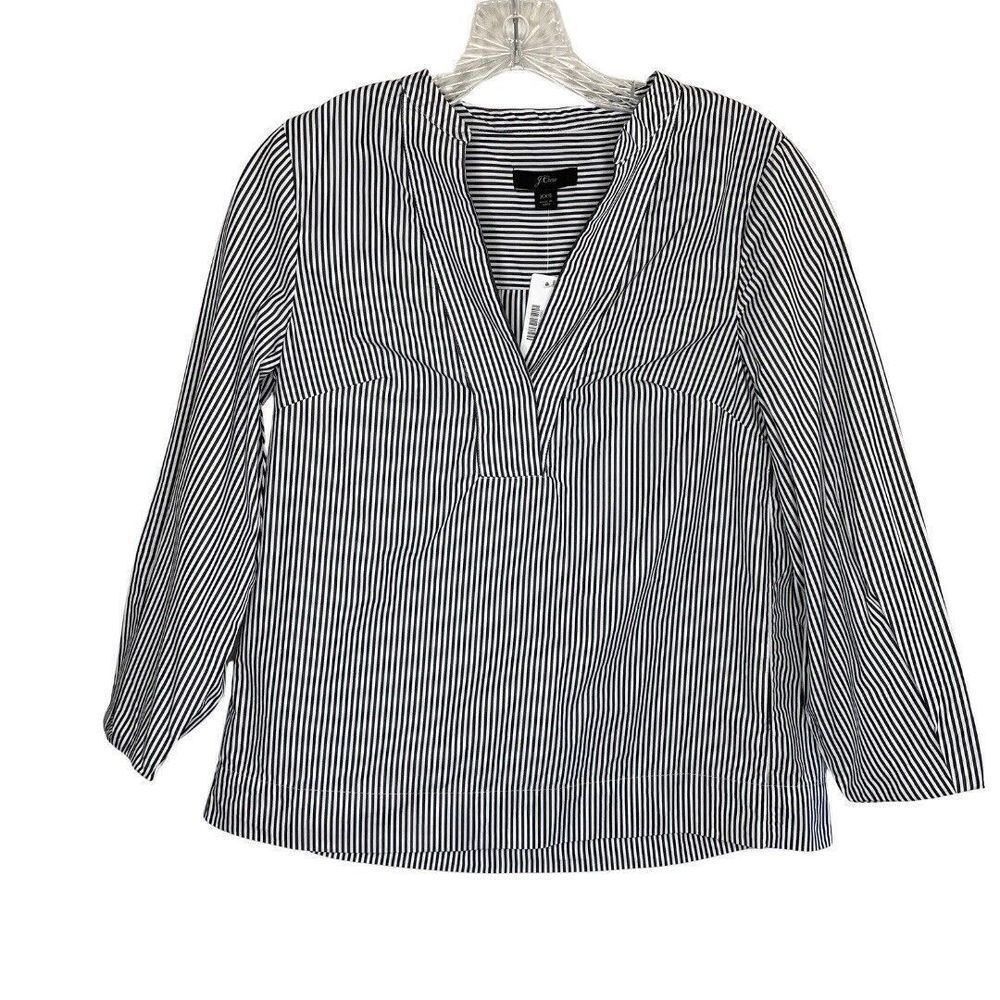 J CREW Black Stripe Poplin Popover Blouse NEW 100% Cotton Womens XXS 2XS